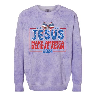 Coquette Jesus Make America Believe Again 4th Of July 2024 Colorblast Crewneck Sweatshirt