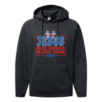 Coquette Jesus Make America Believe Again 4th Of July 2024 Performance Fleece Hoodie