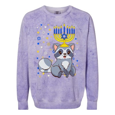 Chanukah Jewish Menorah Raccoon Funny Hanukkah Colorblast Crewneck Sweatshirt