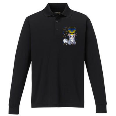 Chanukah Jewish Menorah Raccoon Funny Hanukkah Performance Long Sleeve Polo