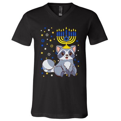 Chanukah Jewish Menorah Raccoon Funny Hanukkah V-Neck T-Shirt