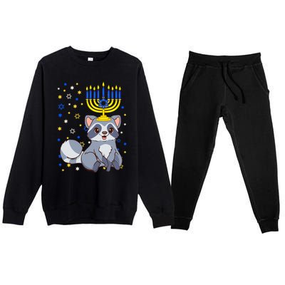 Chanukah Jewish Menorah Raccoon Funny Hanukkah Premium Crewneck Sweatsuit Set