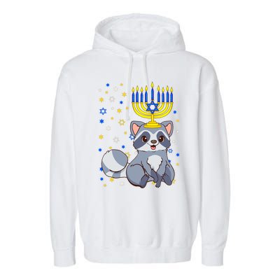 Chanukah Jewish Menorah Raccoon Funny Hanukkah Garment-Dyed Fleece Hoodie