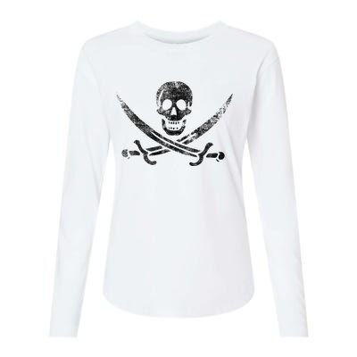 Calico Jack Pirate Flag Jolly Roger Distressed Graphic Womens Cotton Relaxed Long Sleeve T-Shirt