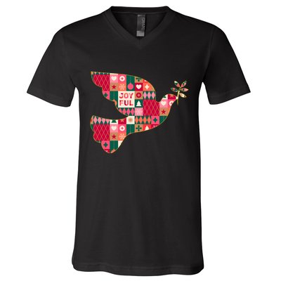 Christmas Joyful Pattern Peace Dove V-Neck T-Shirt