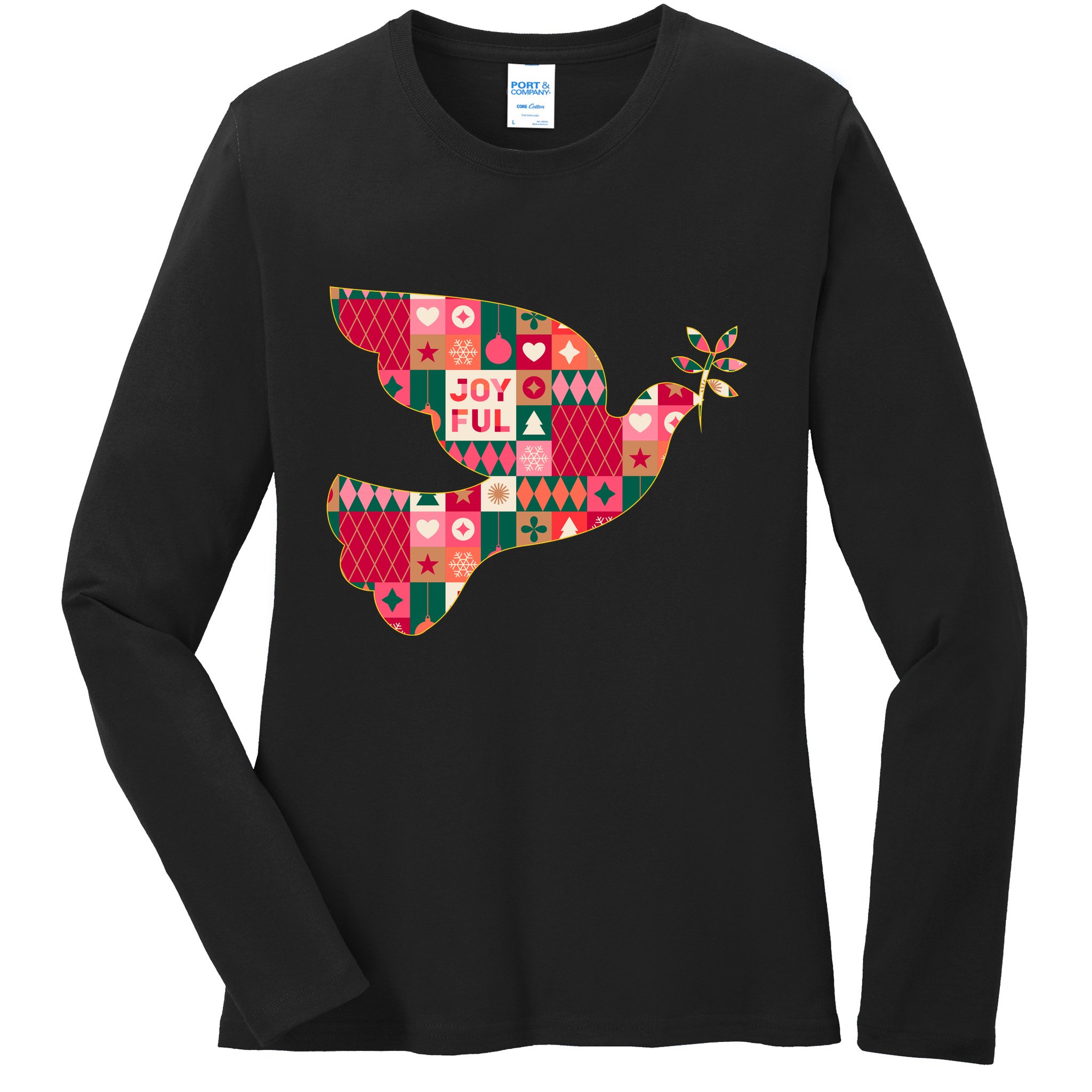 Christmas Joyful Pattern Peace Dove Ladies Long Sleeve Shirt