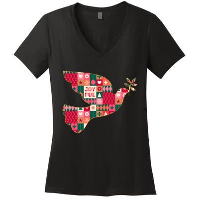Christmas Joyful Pattern Peace Dove Women's V-Neck T-Shirt