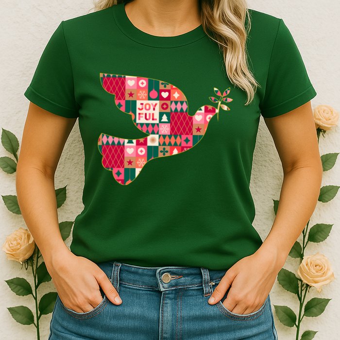 Christmas Joyful Pattern Peace Dove Womens T-Shirt