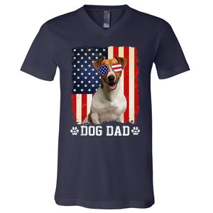 Cool Jack Russell Terrier Dog Dad American Flag FatherS Day V-Neck T-Shirt