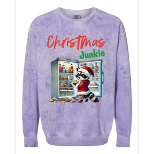 Christmas Junkie Raccoon Santa Hat Food Lovers Xmas Fridge Colorblast Crewneck Sweatshirt