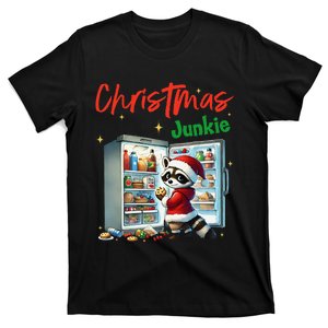 Christmas Junkie Raccoon Santa Hat Food Lovers Xmas Fridge T-Shirt