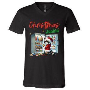 Christmas Junkie Raccoon Santa Hat Food Lovers Xmas Fridge V-Neck T-Shirt