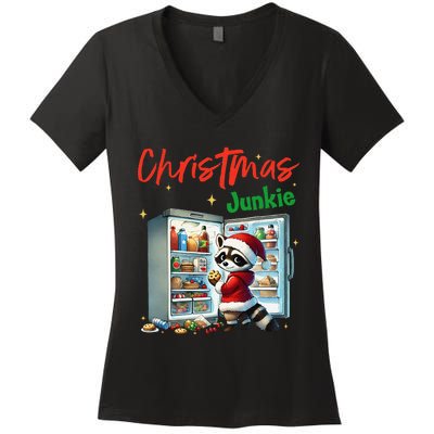 Christmas Junkie Raccoon Santa Hat Food Lovers Xmas Fridge Women's V-Neck T-Shirt