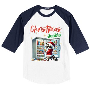 Christmas Junkie Raccoon Santa Hat Food Lovers Xmas Fridge Baseball Sleeve Shirt