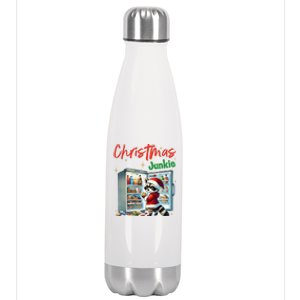 Christmas Junkie Raccoon Santa Hat Food Lovers Xmas Fridge Stainless Steel Insulated Water Bottle