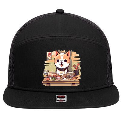 Cute Japanese Sushi Master Dog Chef Kawaii Anime Gift 7 Panel Mesh Trucker Snapback Hat