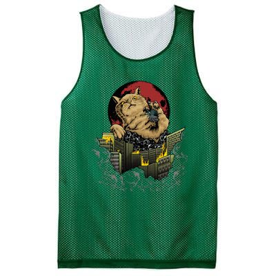 Catzilla Japanese Sunset Funny Monster Ginger Orange Cat Mesh Reversible Basketball Jersey Tank