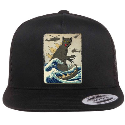 Catzilla Japanese Sunset Print For Cat Mom Dad Flat Bill Trucker Hat