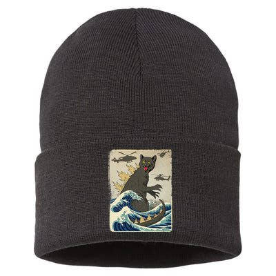 Catzilla Japanese Sunset Print For Cat Mom Dad Sustainable Knit Beanie