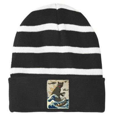 Catzilla Japanese Sunset Print For Cat Mom Dad Striped Beanie with Solid Band