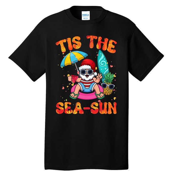 Christmas July Summer Lovers Beach Santa Tis The Seasun Tall T-Shirt