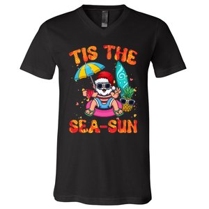 Christmas July Summer Lovers Beach Santa Tis The Seasun V-Neck T-Shirt