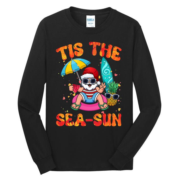 Christmas July Summer Lovers Beach Santa Tis The Seasun Tall Long Sleeve T-Shirt