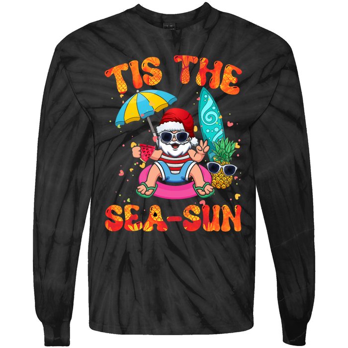 Christmas July Summer Lovers Beach Santa Tis The Seasun Tie-Dye Long Sleeve Shirt