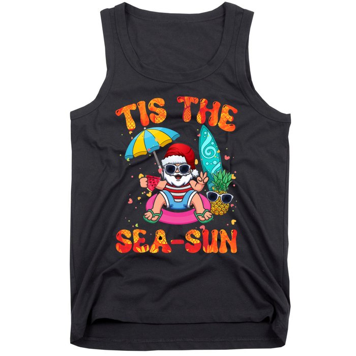 Christmas July Summer Lovers Beach Santa Tis The Seasun Tank Top