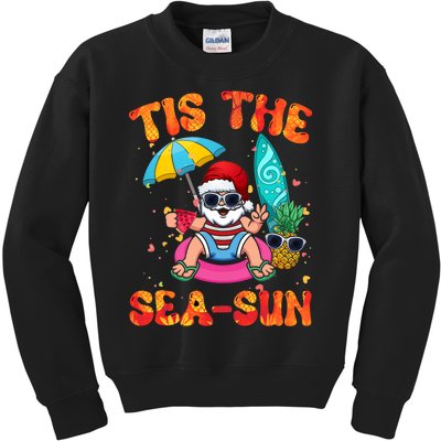 Christmas July Summer Lovers Beach Santa Tis The Seasun Kids Sweatshirt