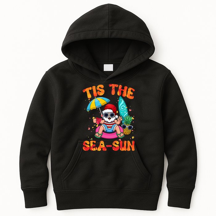 Christmas July Summer Lovers Beach Santa Tis The Seasun Kids Hoodie