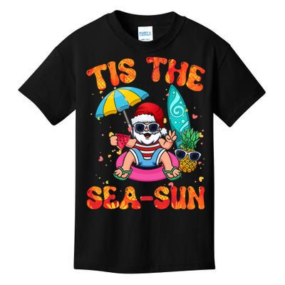 Christmas July Summer Lovers Beach Santa Tis The Seasun Kids T-Shirt