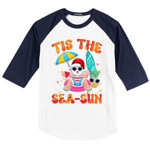 Christmas July Summer Lovers Beach Santa Tis The Seasun Baseball Sleeve Shirt