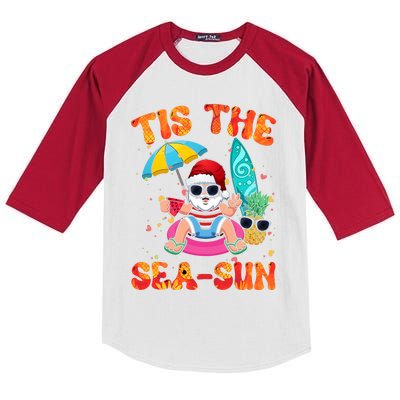 Christmas July Summer Lovers Beach Santa Tis The Seasun Kids Colorblock Raglan Jersey