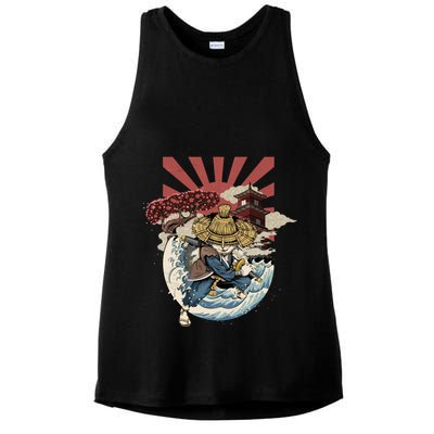 Cool Japanese Samurai Cat Neko Blue Wave Ladies PosiCharge Tri-Blend Wicking Tank