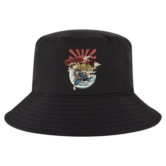 Cool Japanese Samurai Cat Neko Blue Wave Cool Comfort Performance Bucket Hat
