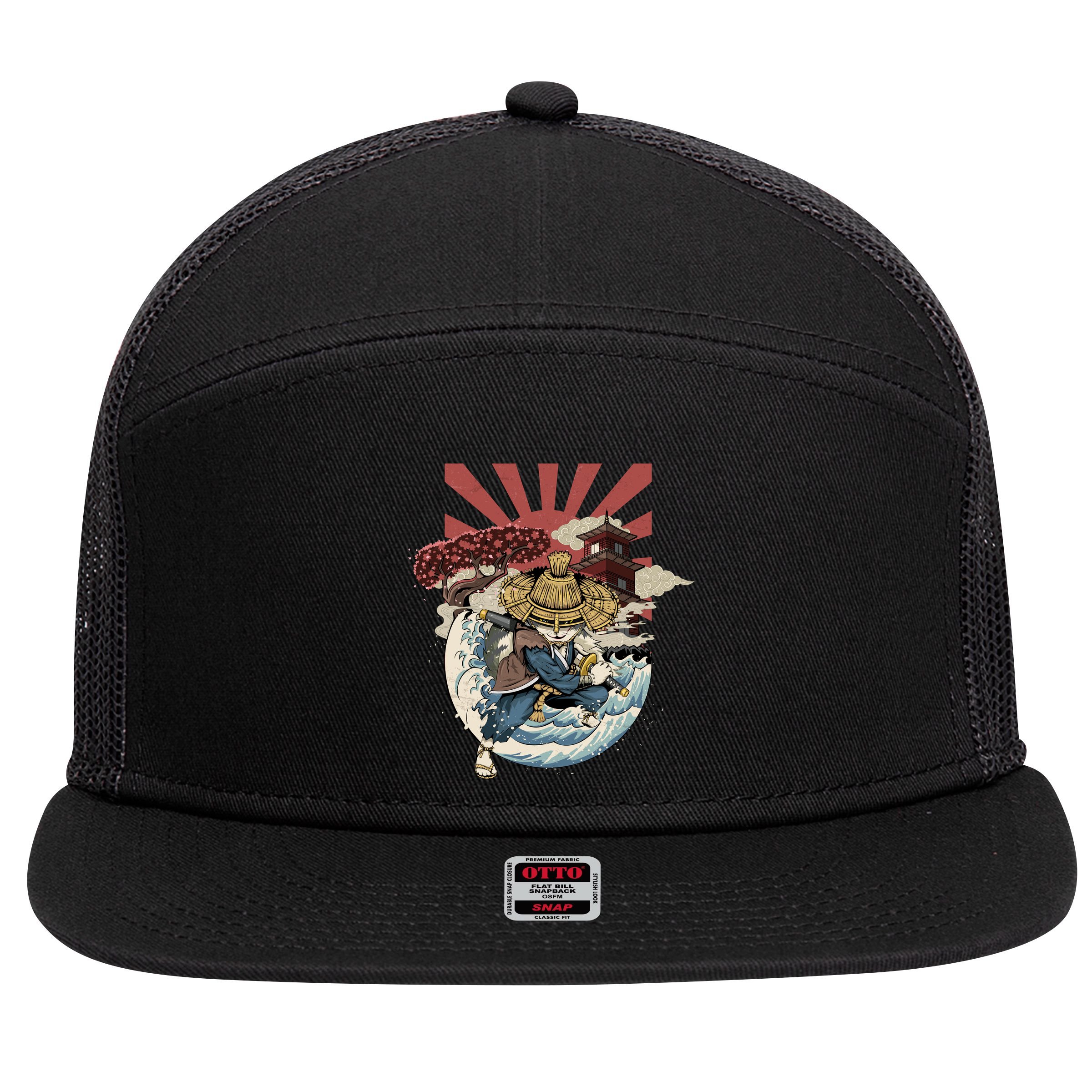 Cool Japanese Samurai Cat Neko Blue Wave 7 Panel Mesh Trucker Snapback Hat
