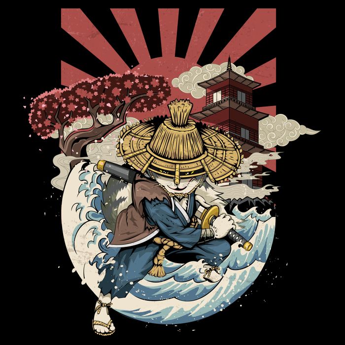 Cool Japanese Samurai Cat Neko Blue Wave Doggie Tank