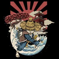 Cool Japanese Samurai Cat Neko Blue Wave Apron