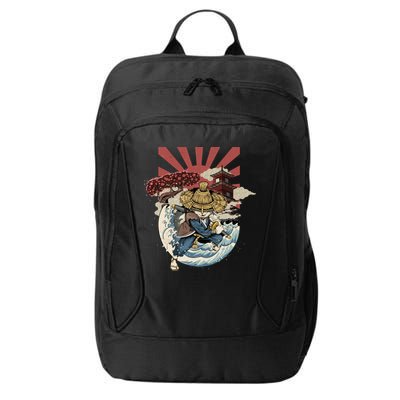 Cool Japanese Samurai Cat Neko Blue Wave City Backpack