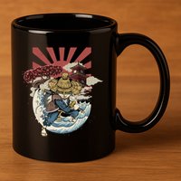 Cool Japanese Samurai Cat Neko Blue Wave 11oz C Handle Ceramic Mug