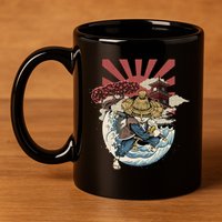 Cool Japanese Samurai Cat Neko Blue Wave 11oz C Handle Ceramic Mug
