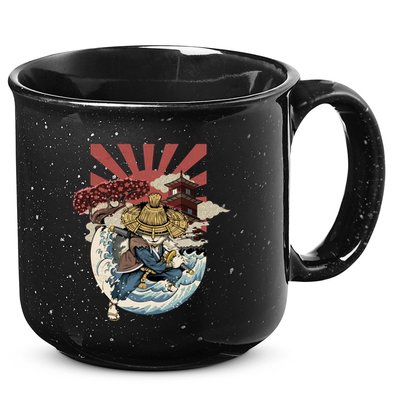 Cool Japanese Samurai Cat Neko Blue Wave 15oz Campfire Ceramic Mug
