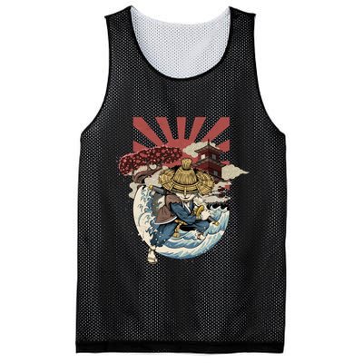 Cool Japanese Samurai Cat Neko Blue Wave Mesh Reversible Basketball Jersey Tank