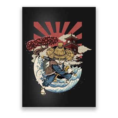 Cool Japanese Samurai Cat Neko Blue Wave Poster