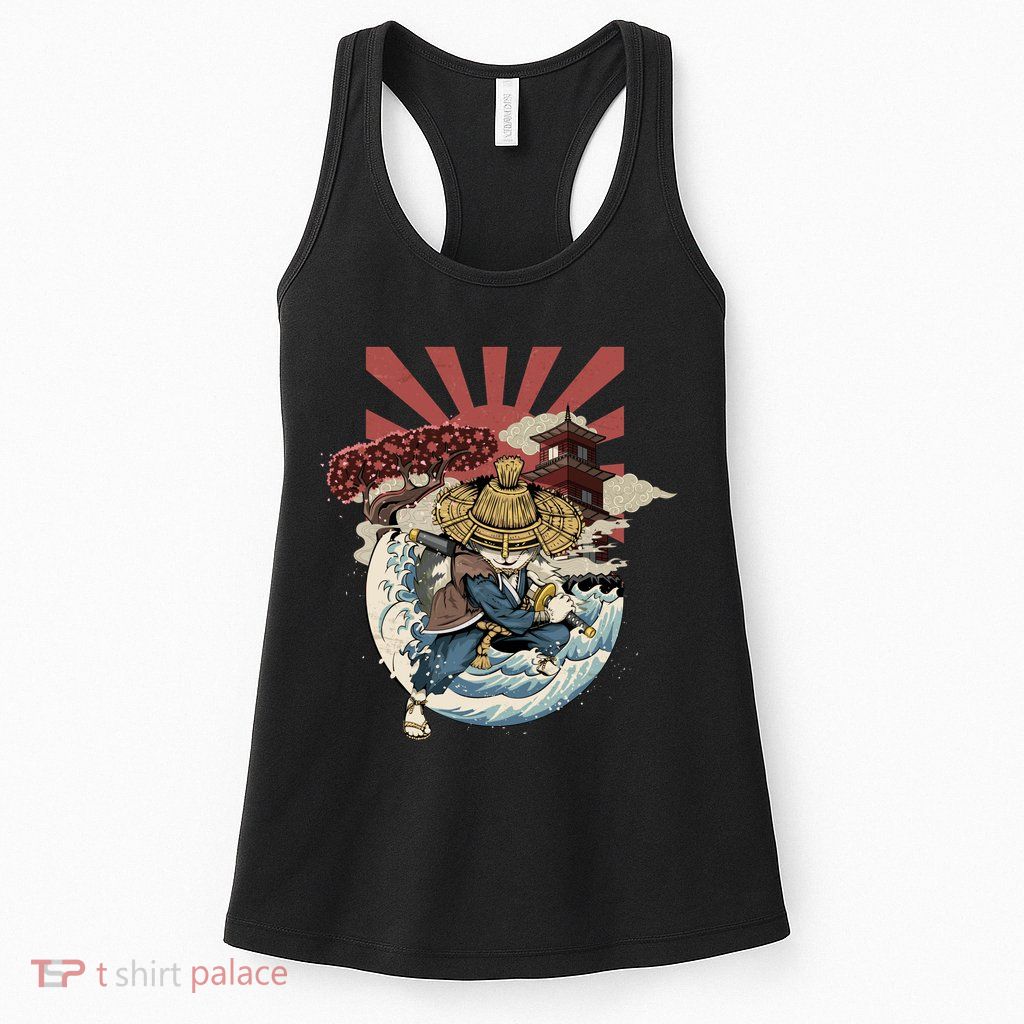 Cool Japanese Samurai Cat Neko Blue Wave Womens Tank Top