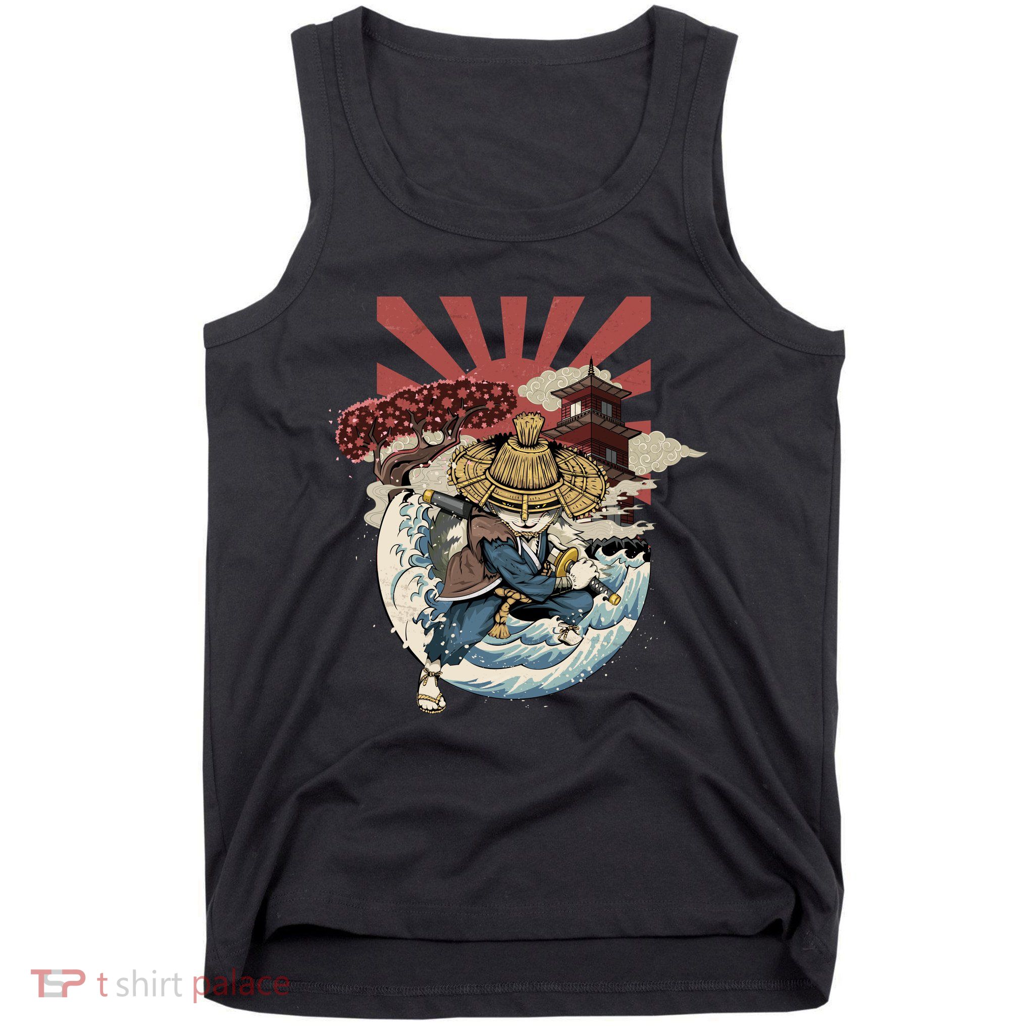 Cool Japanese Samurai Cat Neko Blue Wave Tank Top