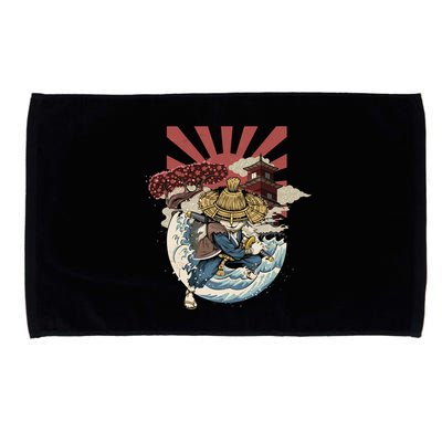 Cool Japanese Samurai Cat Neko Blue Wave Microfiber Hand Towel