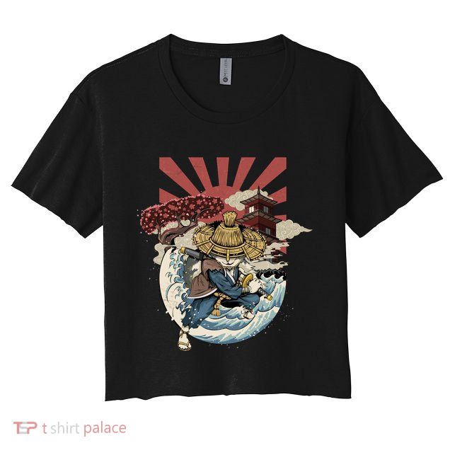 Cool Japanese Samurai Cat Neko Blue Wave Crop Top