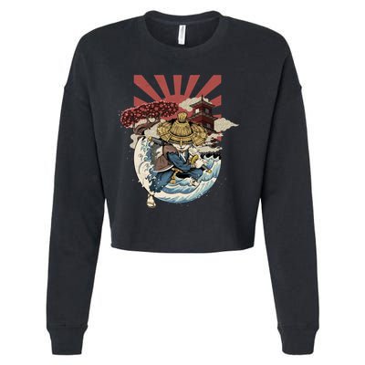 Cool Japanese Samurai Cat Neko Blue Wave Cropped Pullover Crew